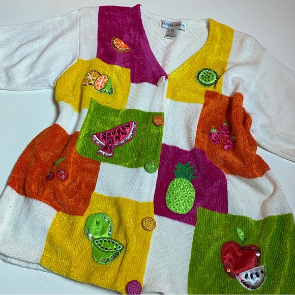 ESTATE ✝️SIZE VTG VICTORIA HARBOUR CROTCHET BEADED SEQUIN FRUIT S/S SWEATER XL - Picture 3 of 8
